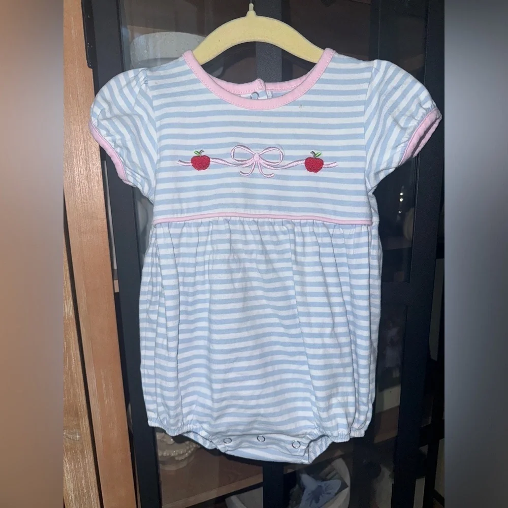 Trotter Street Kids bows apples appliqué bubble romper striped baby girl school